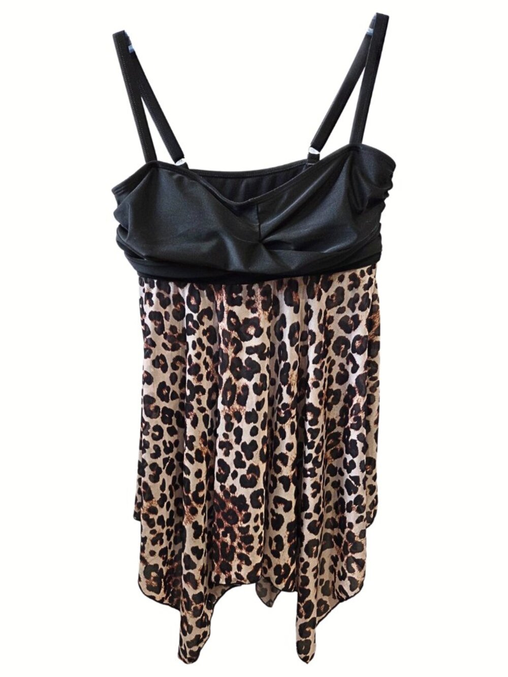 Women's Tankini Top Size 1XL Black Fabric top with Leopard Mesh Handkerchief Hem